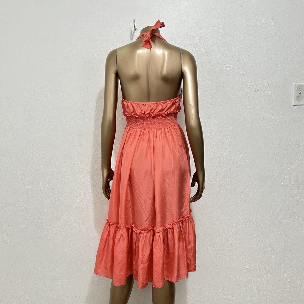 BCBG Maxazria Halter Dress Sz XS 100% Silk Coral Tiered Wedding Guest Party Midi - Picture 5 of 10